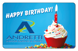 Andretti Karting logo on a light blue background with a cupcake and Happy Birthday in white text.